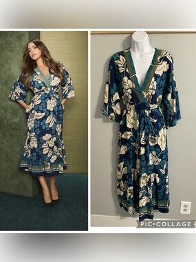 NWT Sofía by Sofía Vergara Hawaiian Blue Floral Kimono sleeve Midi Dress Med